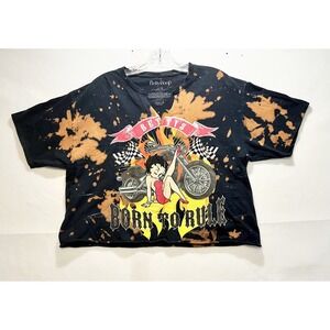 Betty Boop Crop Top Biker V Neck Bleached Graphic T Shirt Black Size L